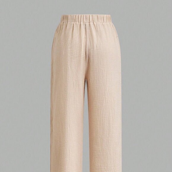 Apricot Casual Women's Lantern Sleeve Tie Waist Top & High Waist Pants Set - Picture 5 of 8